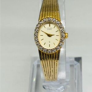 Vintage Citizen Quartz Ladies Watch Gold Tone Crystal Japan Working New Battery